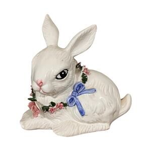 Vintage Ceramic Bunny Rabbit Figurine Floral Wreath Spring Easter Decor PR
